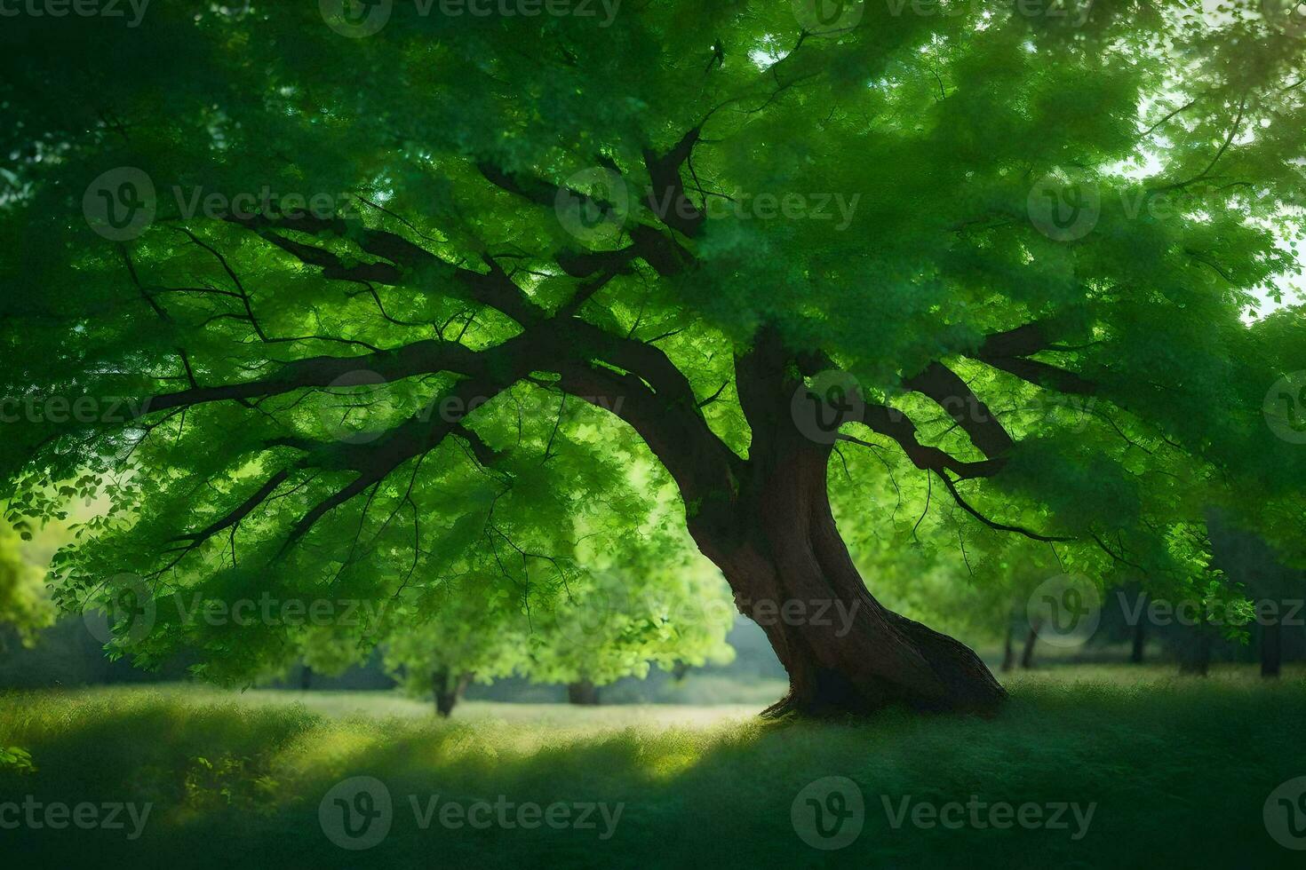 un' grande albero nel il mezzo di un' verde campo. ai-generato foto