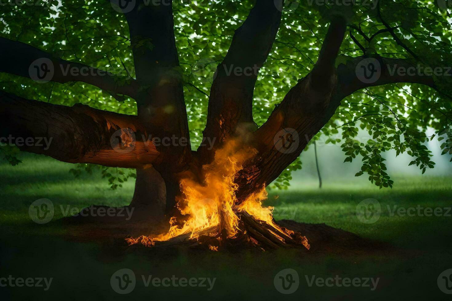 un' grande albero con fiamme In arrivo a partire dal esso. ai-generato foto