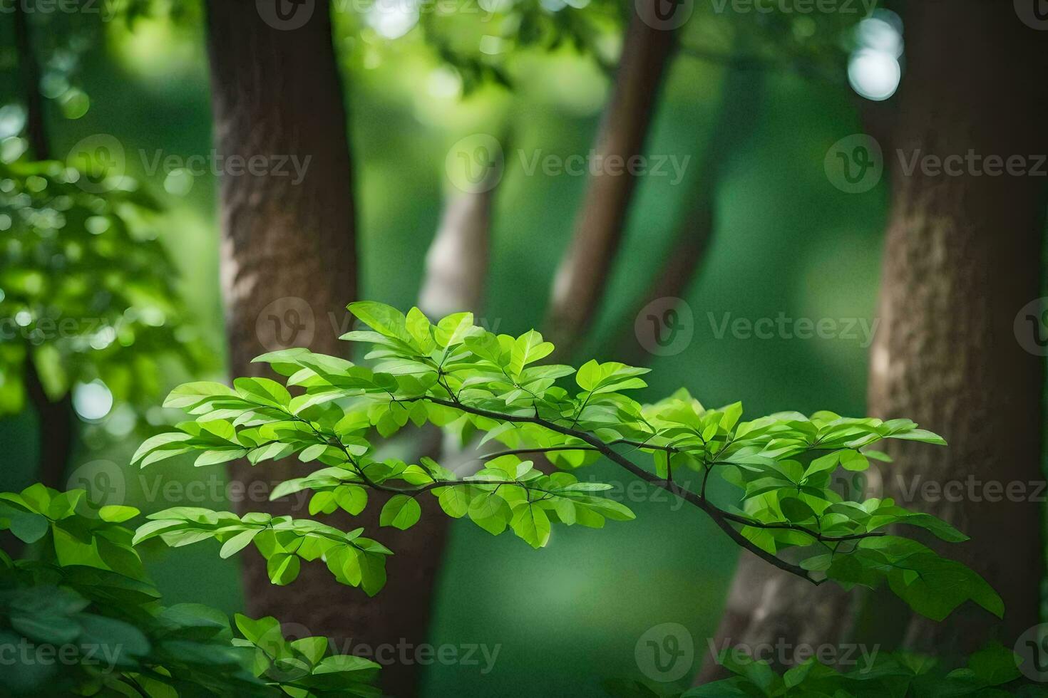 verde le foglie su un' albero ramo nel il foresta. ai-generato foto