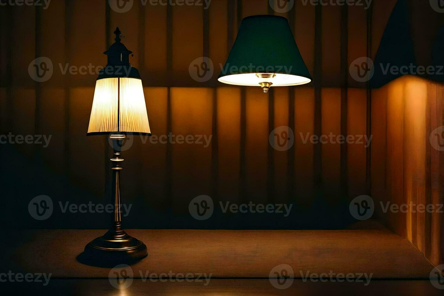 un' lampada e un' tavolo lampada nel un' buio camera. ai-generato foto