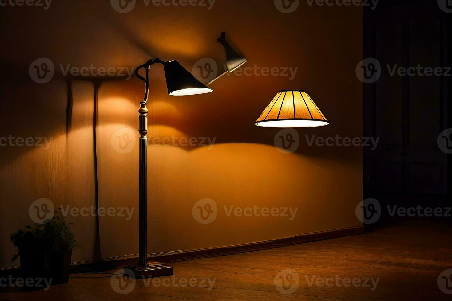 un' lampada è su un' pavimento lampada nel un' buio camera. ai-generato foto