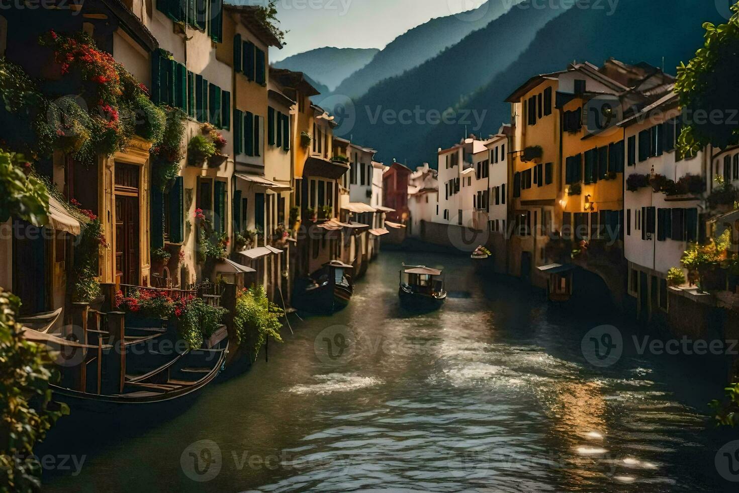 un' canale nel Italia con Barche e edifici. ai-generato foto