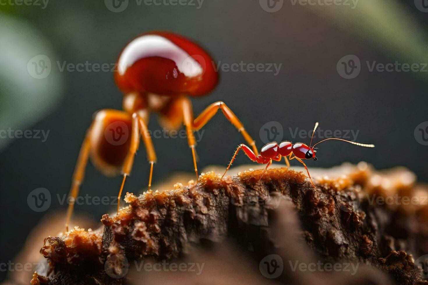 un' piccolo formica e un' grande formica su un' tronco d'albero. ai-generato foto