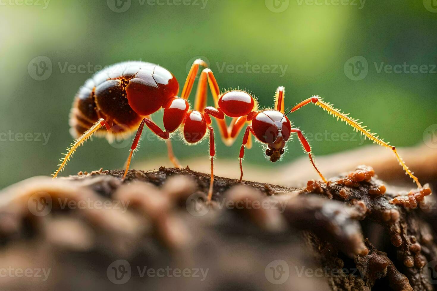 un formica è in piedi su un' tronco d'albero. ai-generato foto