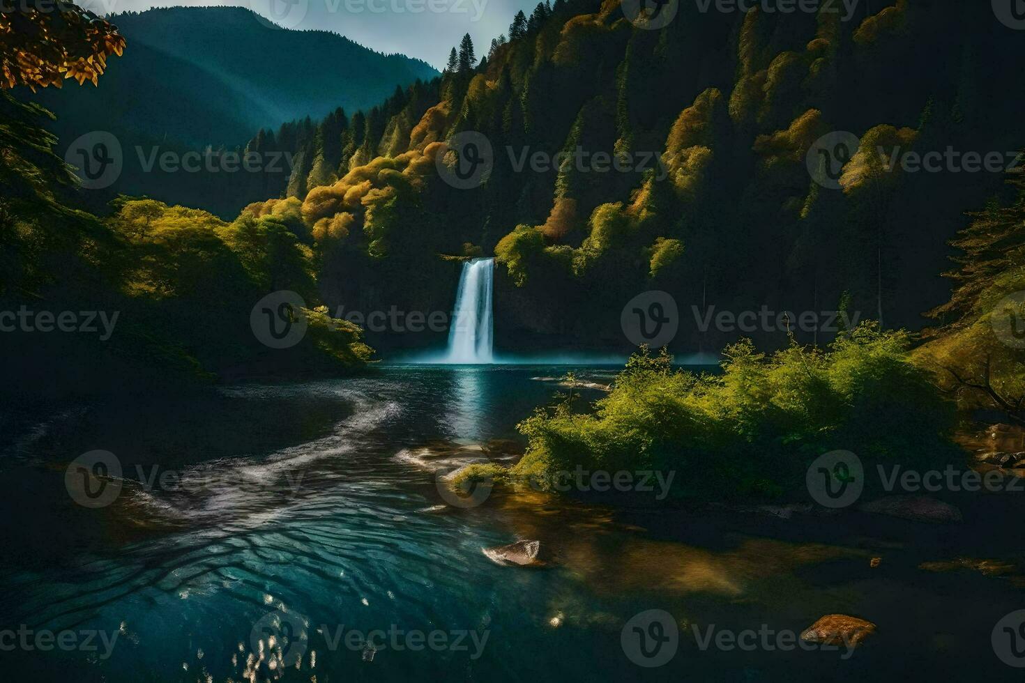 un' cascata nel il mezzo di un' foresta. ai-generato foto