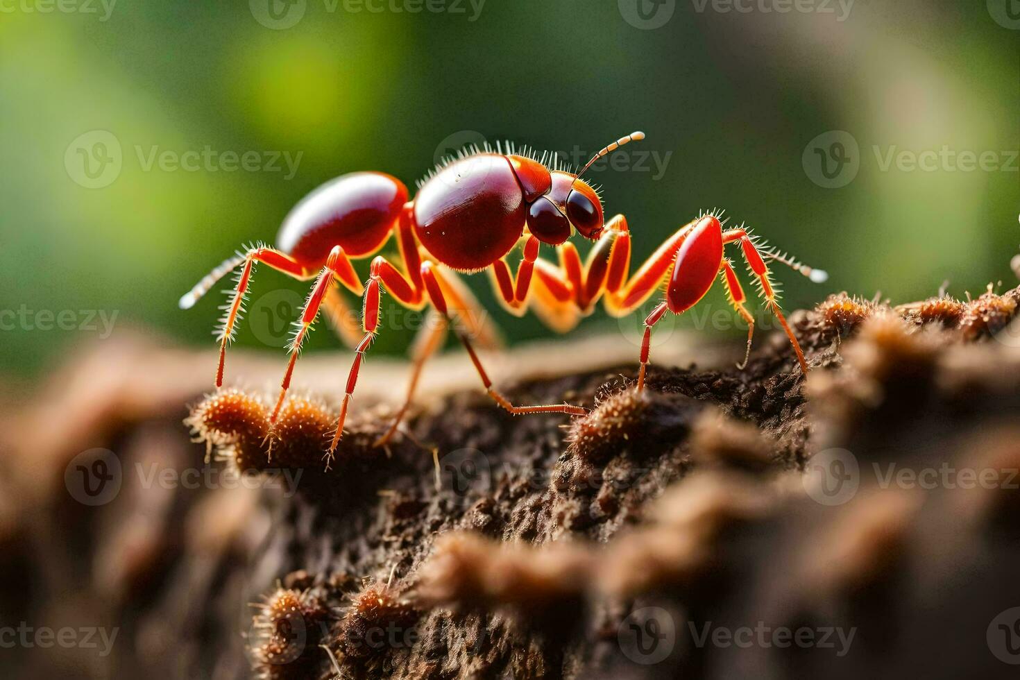 Due rosso formiche su un' tronco d'albero. ai-generato foto