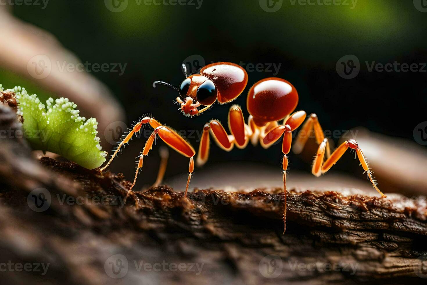 un' rosso formica è in piedi su un' ramo. ai-generato foto