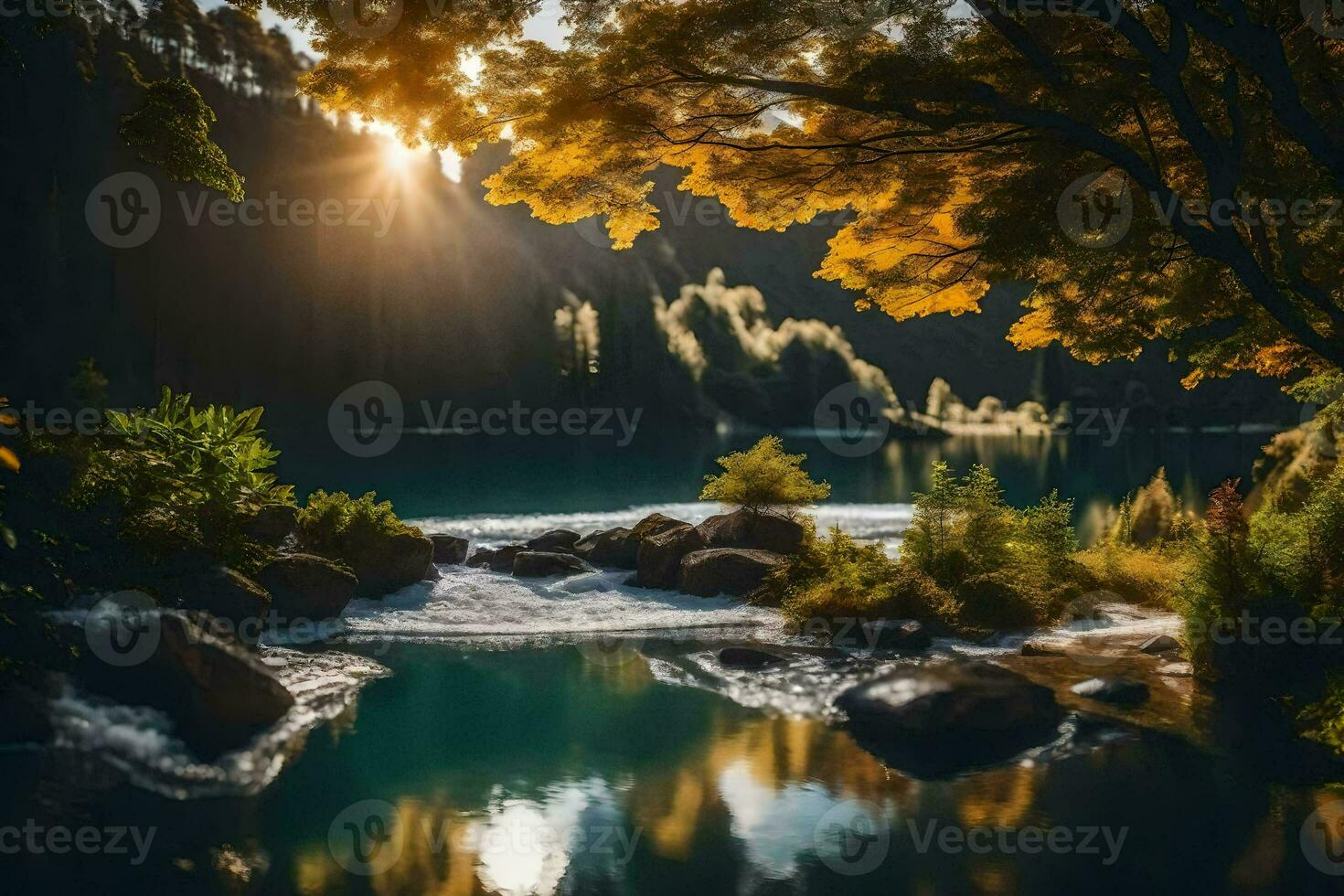 il sole brilla al di sopra di un' fiume nel il foresta. ai-generato foto