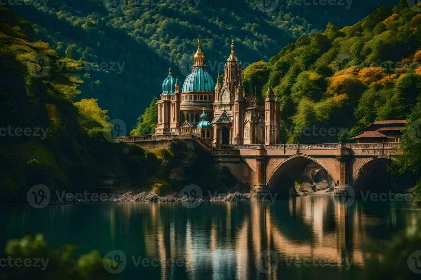 un' bellissimo Chiesa si siede su un' ponte al di sopra di un' fiume. ai-generato foto