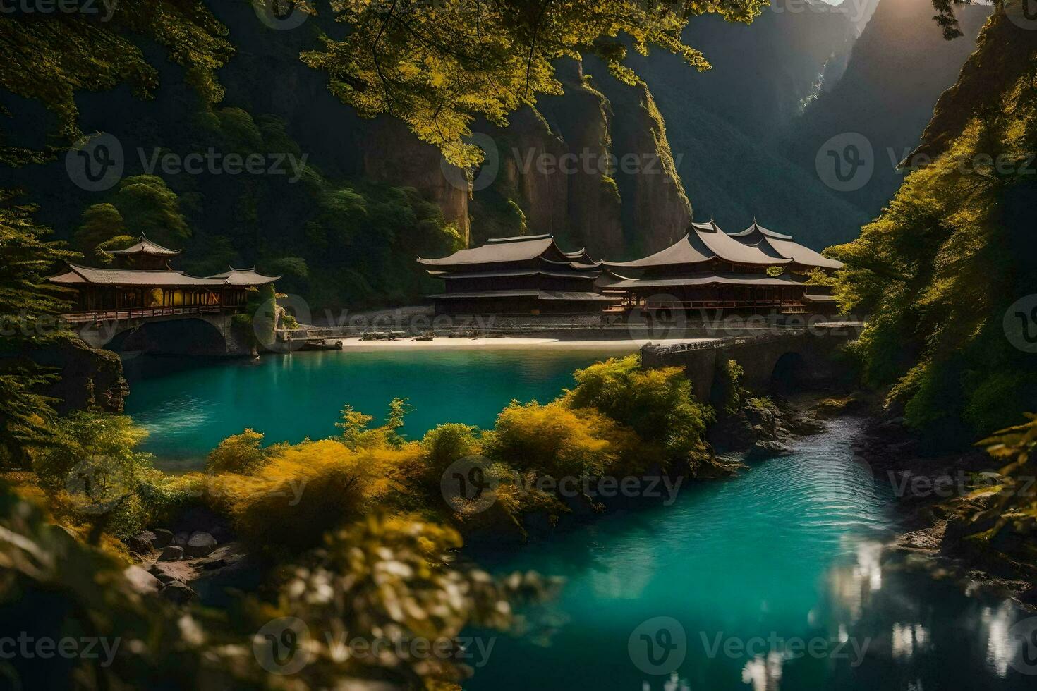 un' bellissimo paesaggio con un' fiume e un' pagoda. ai-generato foto