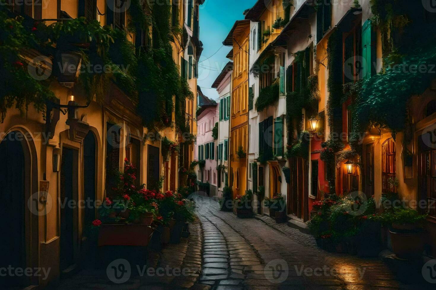 un' stretto strada nel un vecchio cittadina con colorato edifici. ai-generato foto