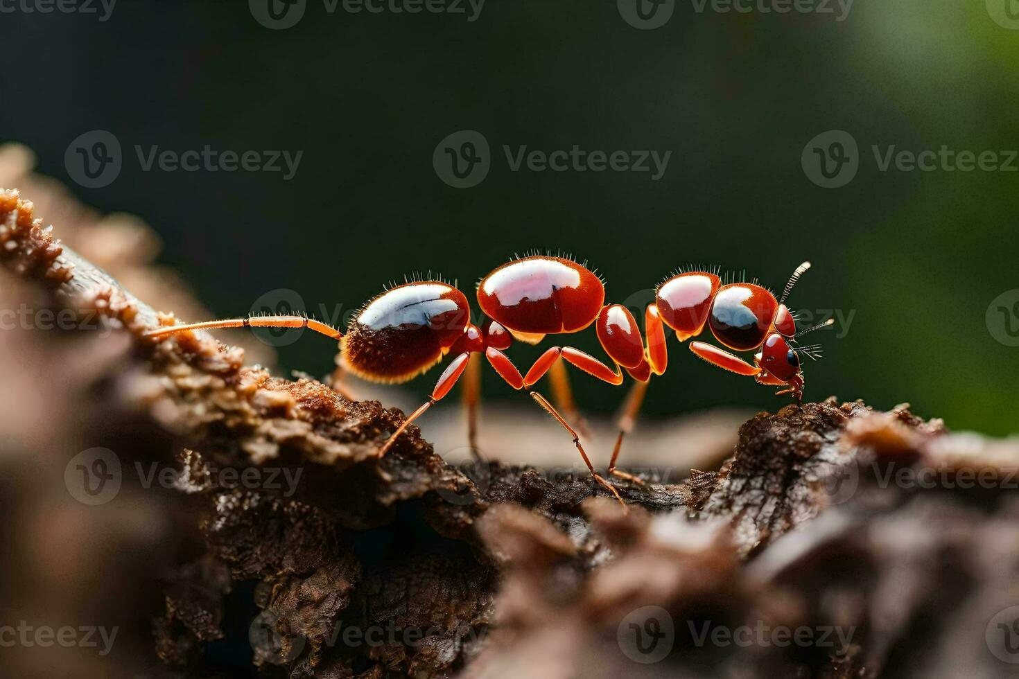 un' rosso formica è a piedi su un' albero tronco. ai-generato foto