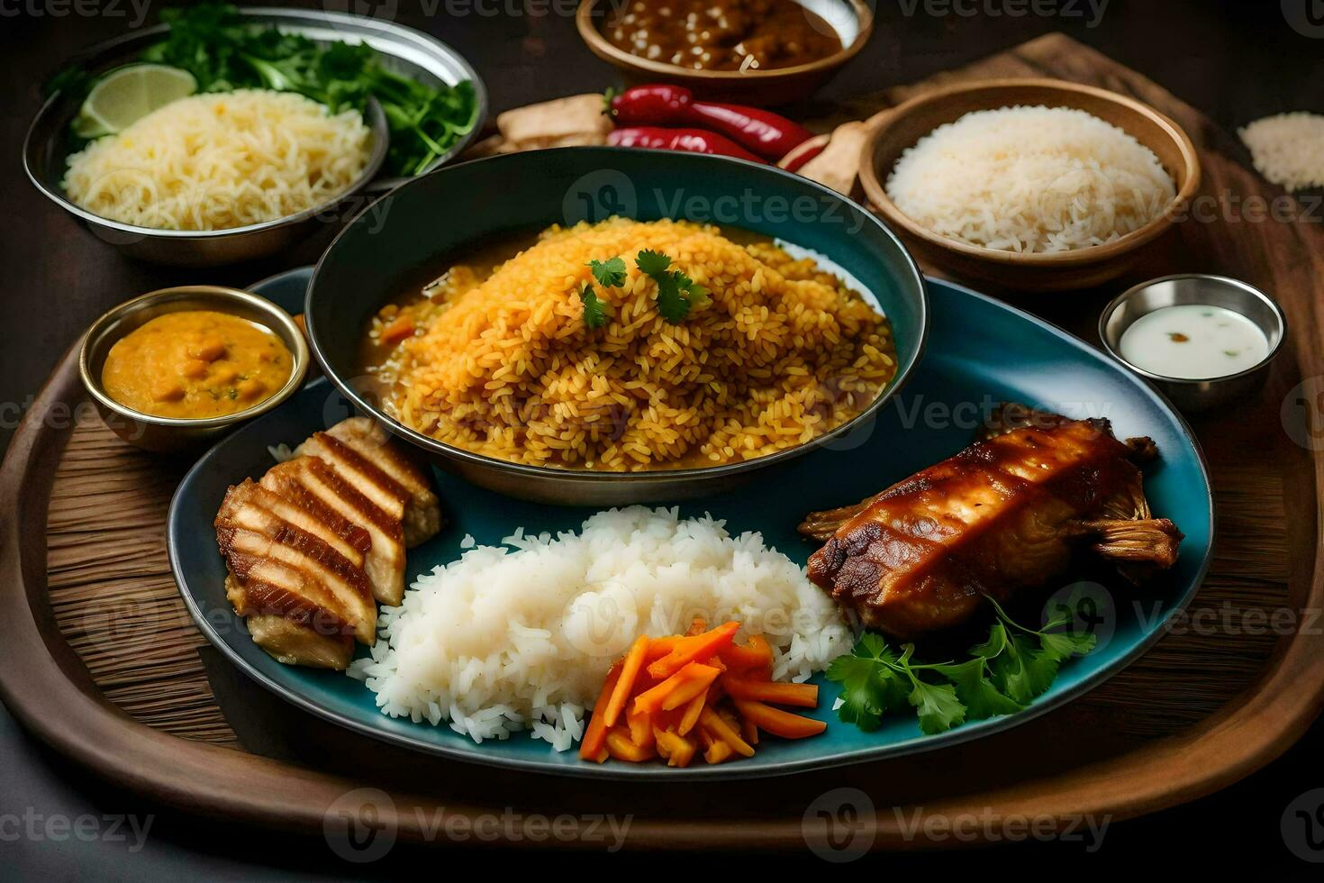 un' piatto di cibo con Riso, carne e verdure. ai-generato foto
