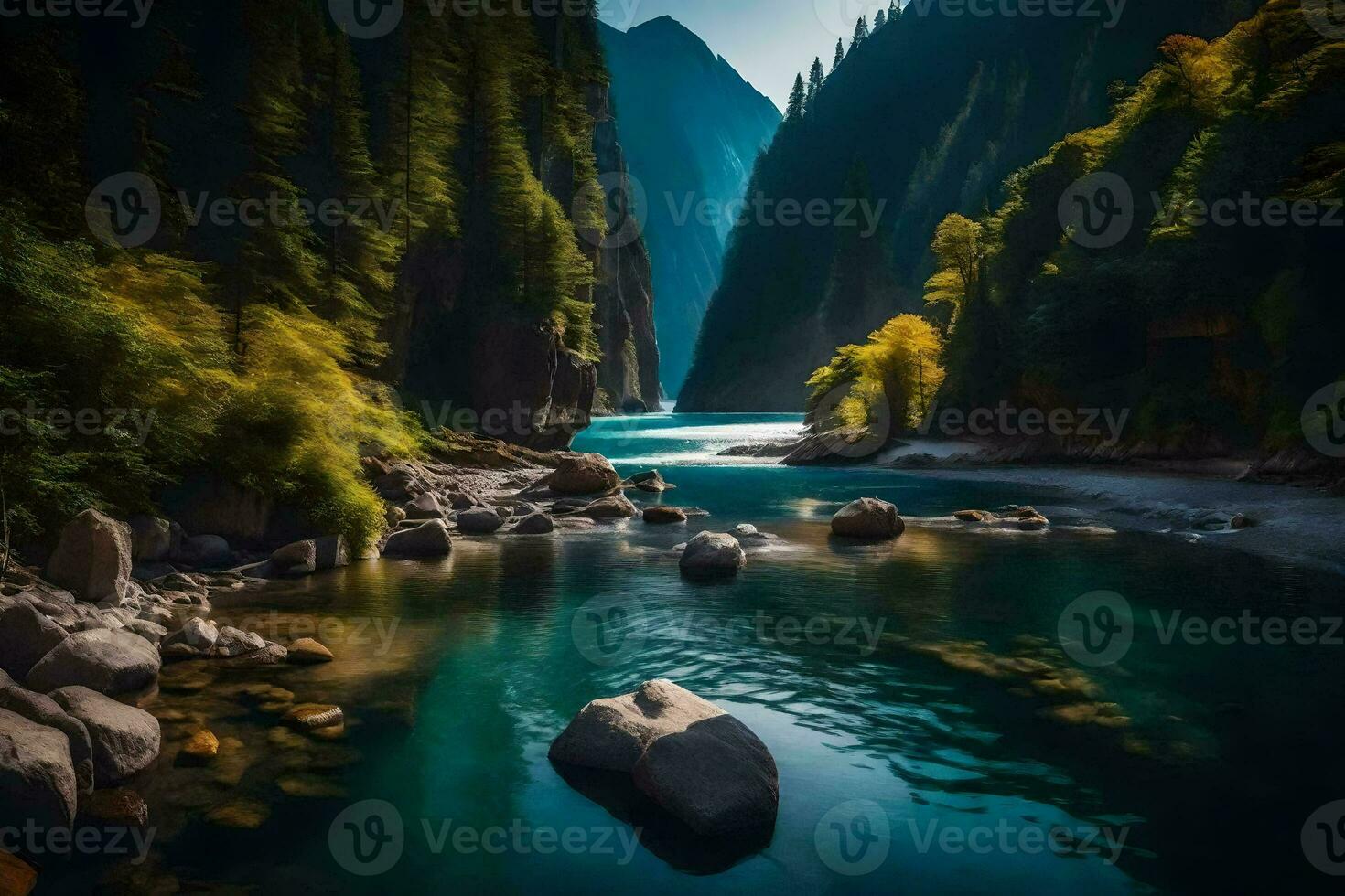 un' fiume nel il montagne con rocce e alberi. ai-generato foto