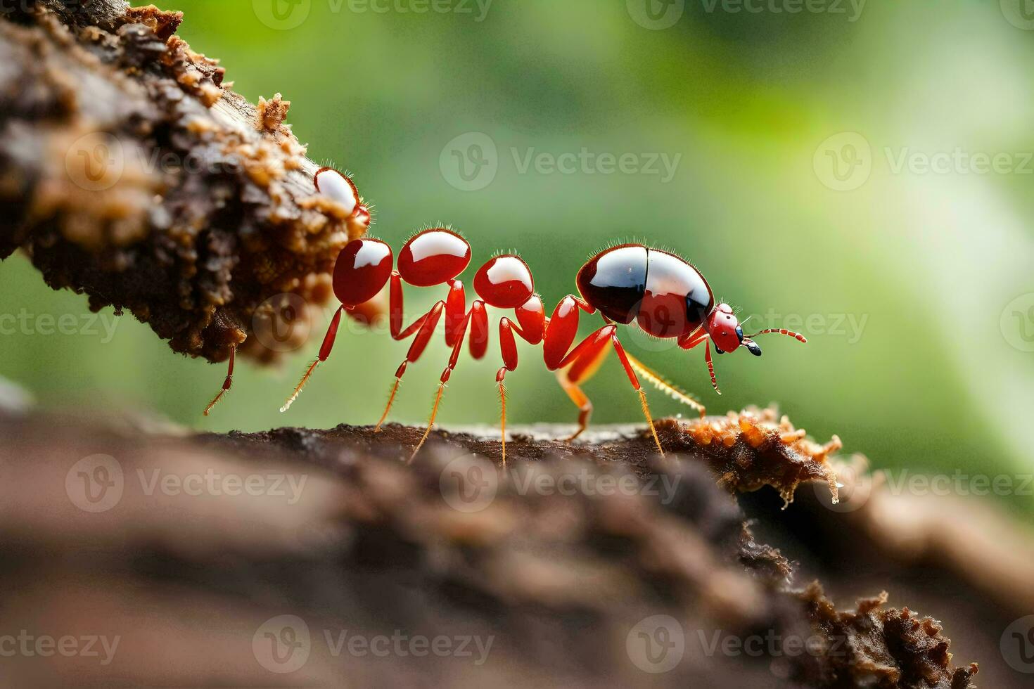 un' rosso formica strisciando su un' albero tronco. ai-generato foto