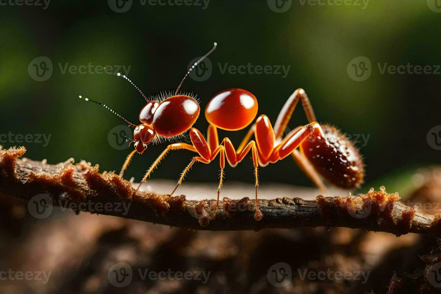 un' rosso formica è seduta su un' ramo. ai-generato foto