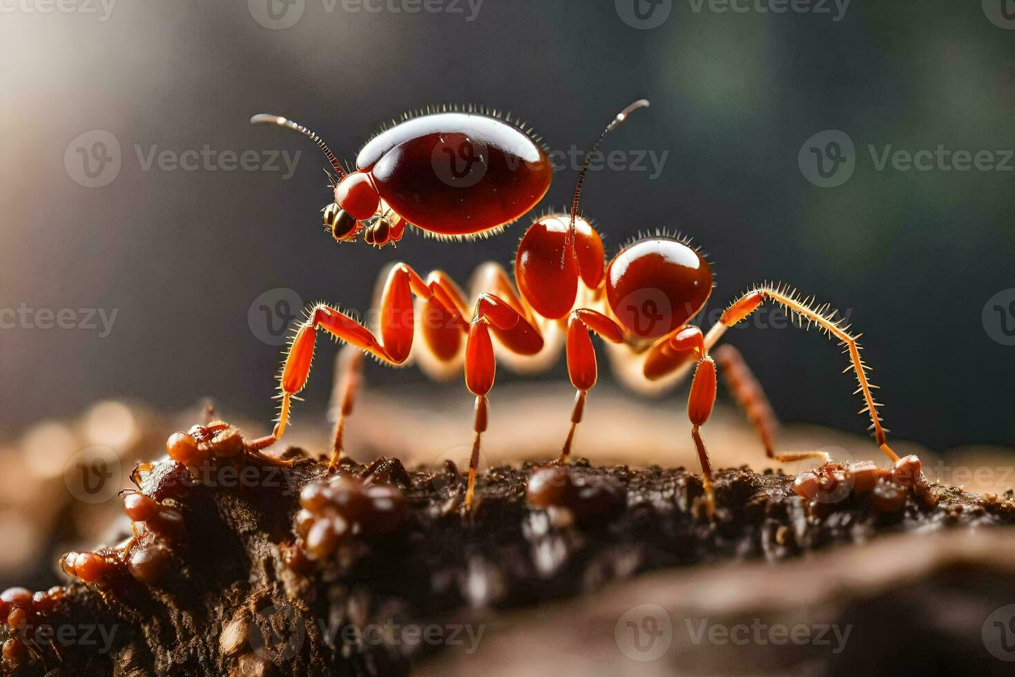 un' rosso formica è in piedi su superiore di un' tronco d'albero. ai-generato foto