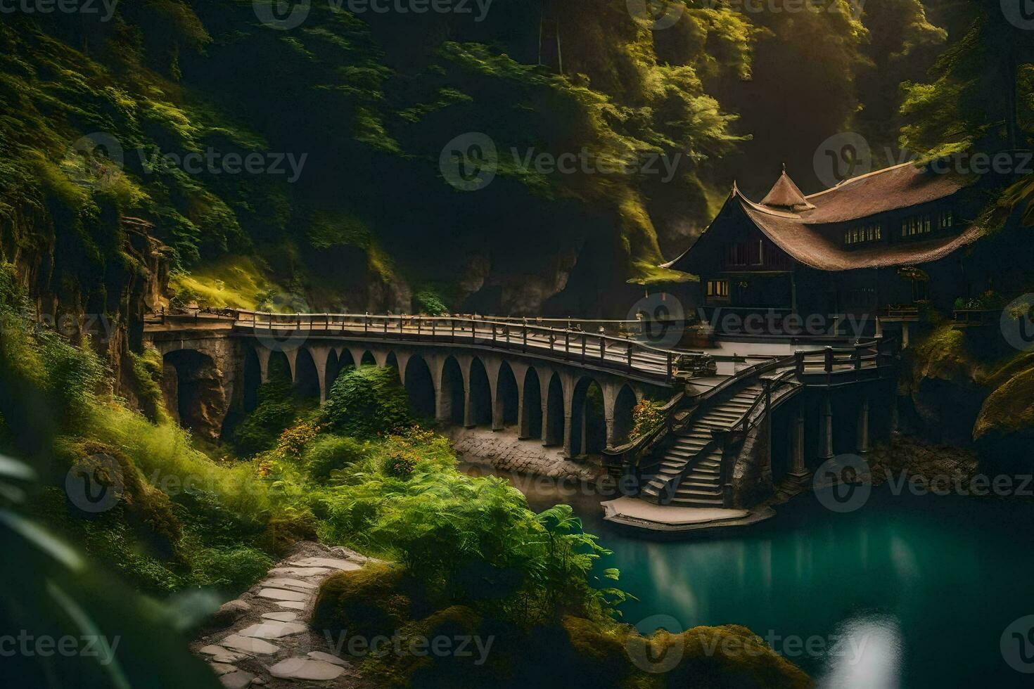 un' ponte nel il mezzo di un' foresta. ai-generato foto