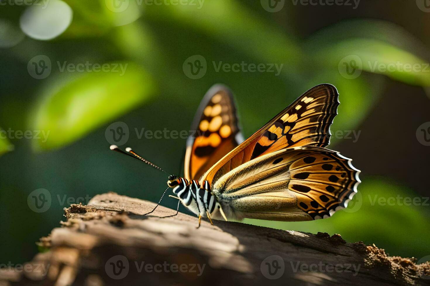 un' farfalla è seduta su un' log nel il sole. ai-generato foto