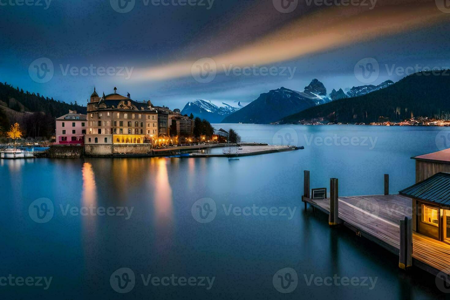 un' bellissimo lago e un' bellissimo edificio nel il mezzo. ai-generato foto