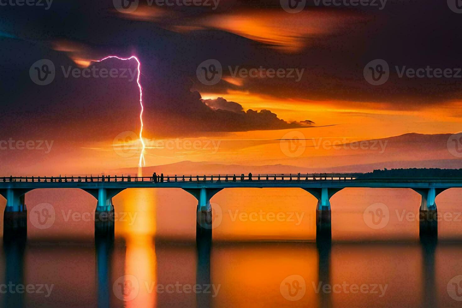 un' ponte al di sopra di acqua con un' fulmine bullone. ai-generato foto