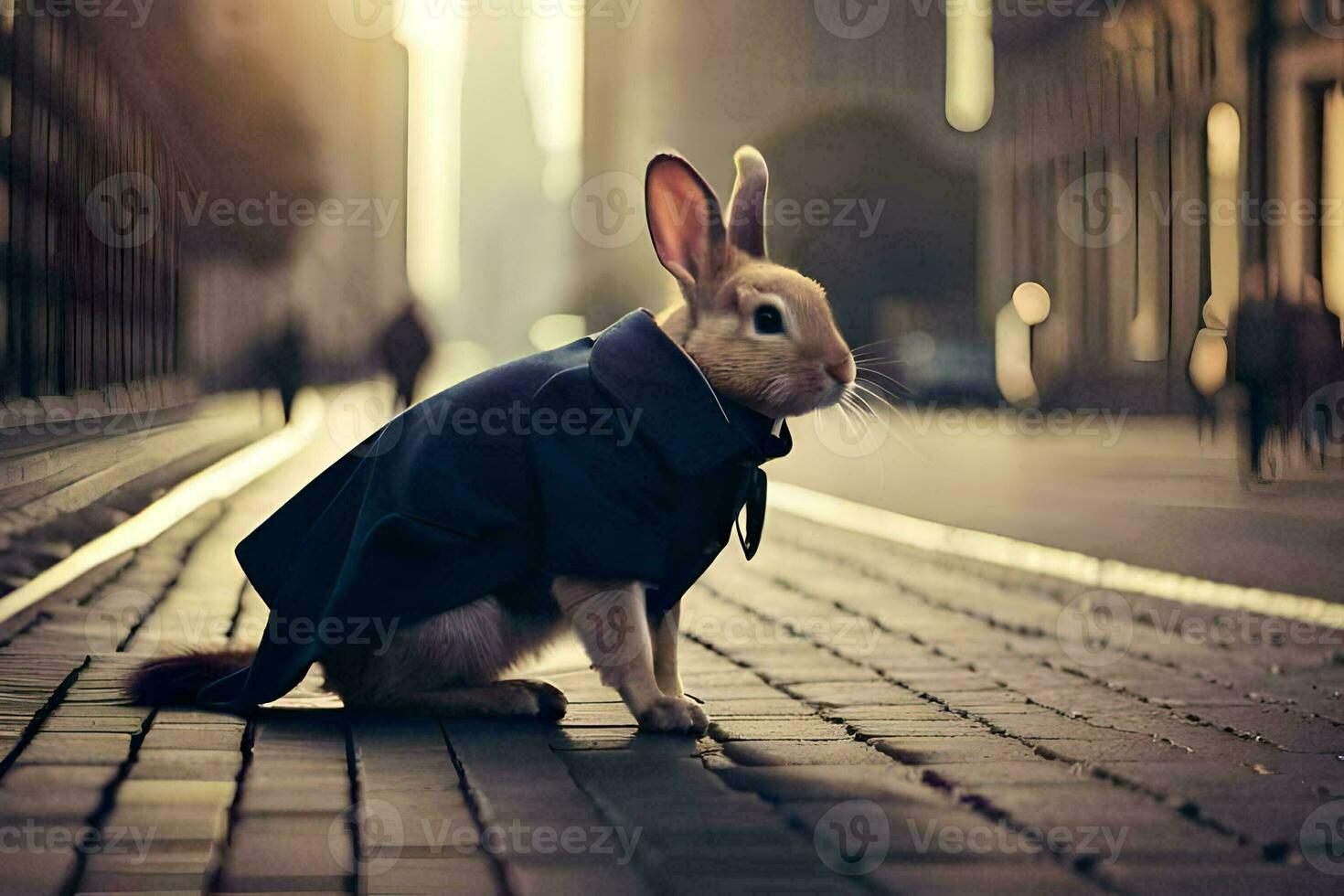 un' coniglio indossare un' cappotto su il strada. ai-generato foto