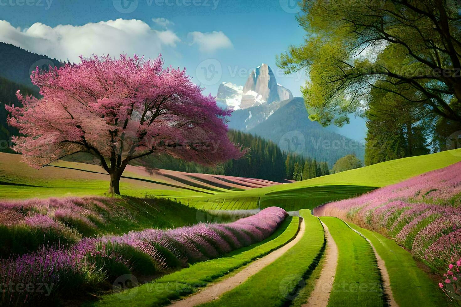 un' bellissimo primavera giorno nel il montagne. ai-generato foto