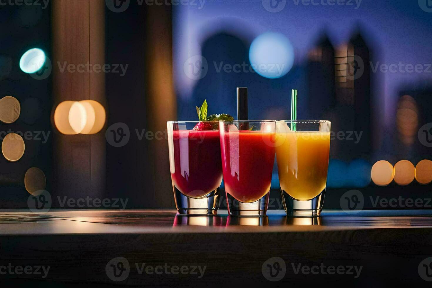 tre bicchieri di succo su un' tavolo nel davanti di un' città orizzonte. ai-generato foto