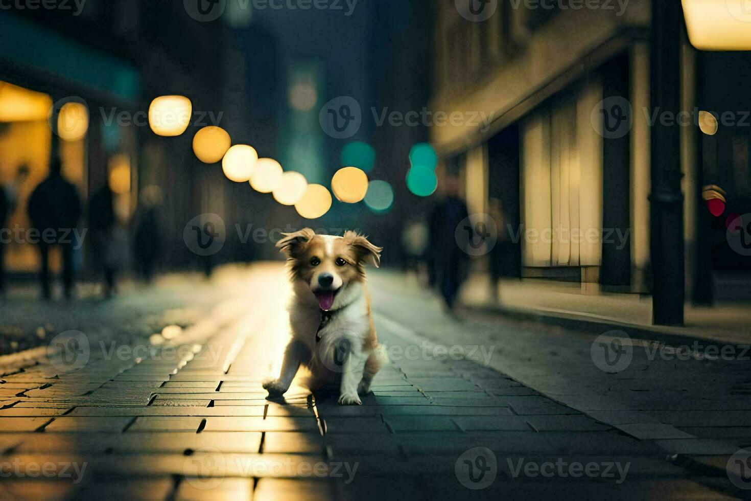 un' cane a piedi giù un' strada a notte. ai-generato foto