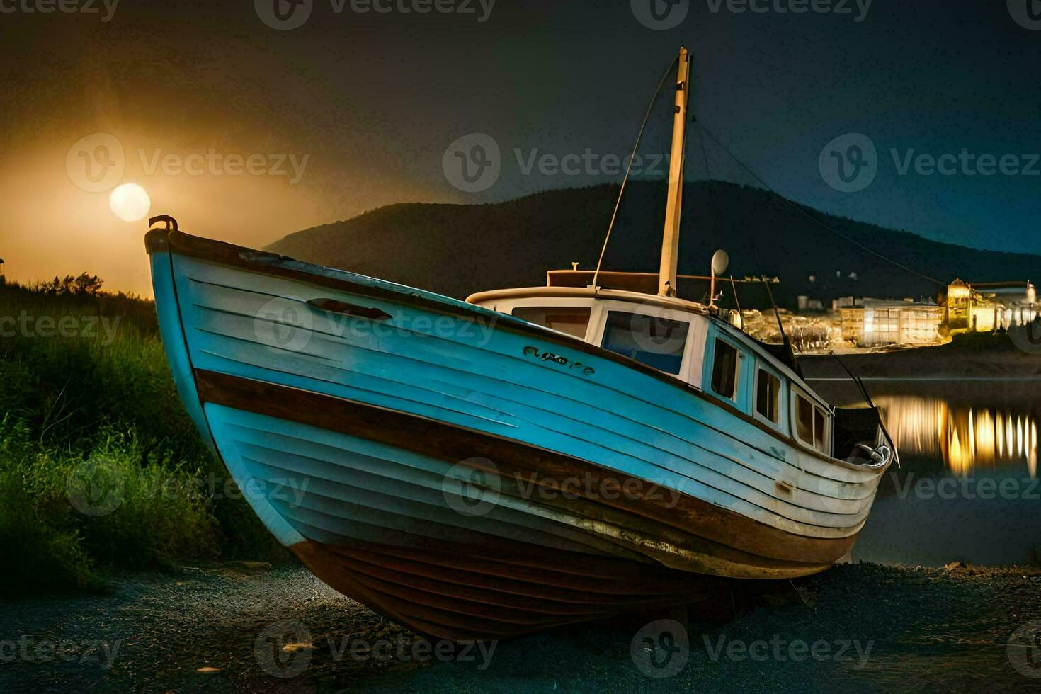 un' barca si siede su il riva a notte. ai-generato foto