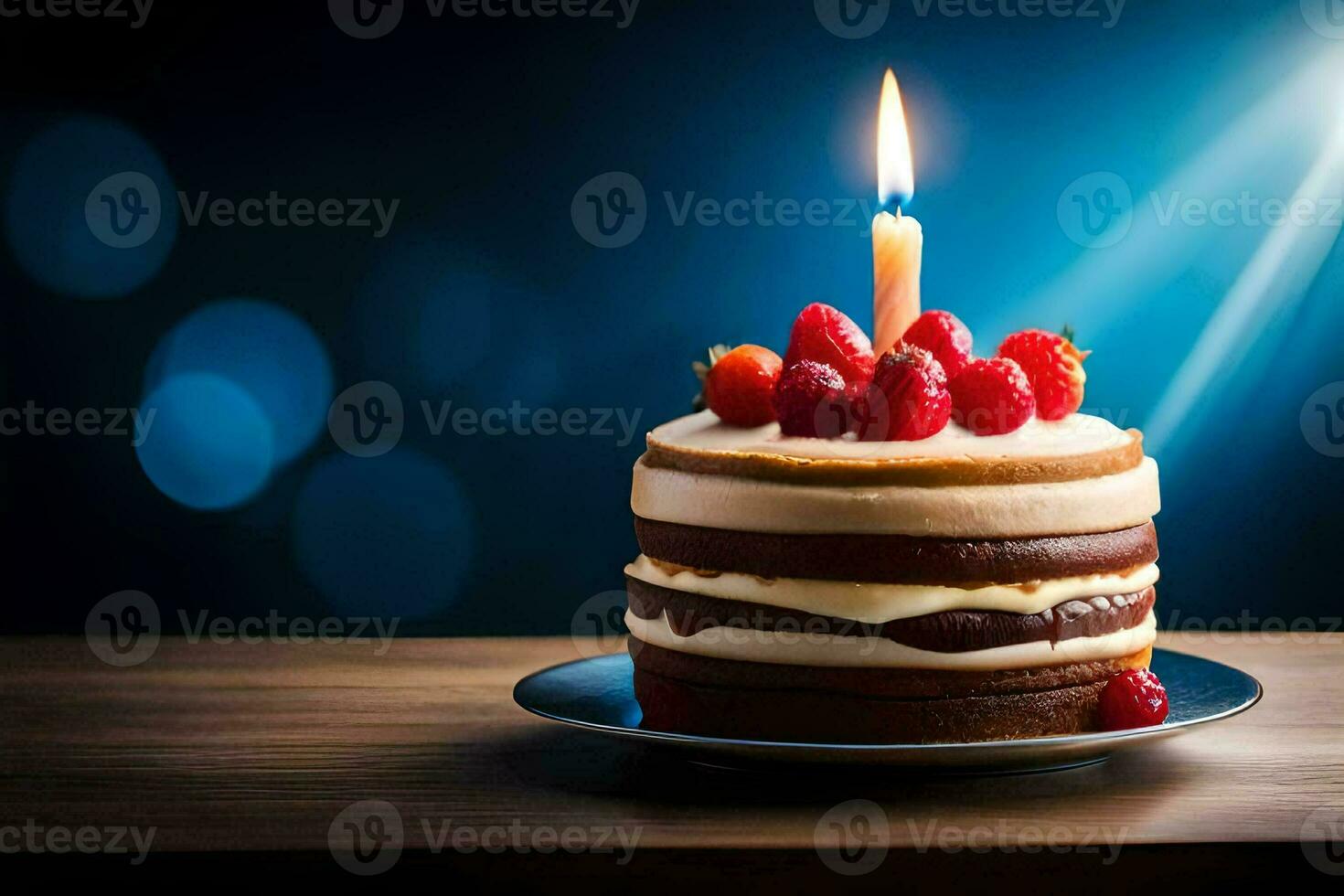 un' compleanno torta con un' illuminato candela. ai-generato foto