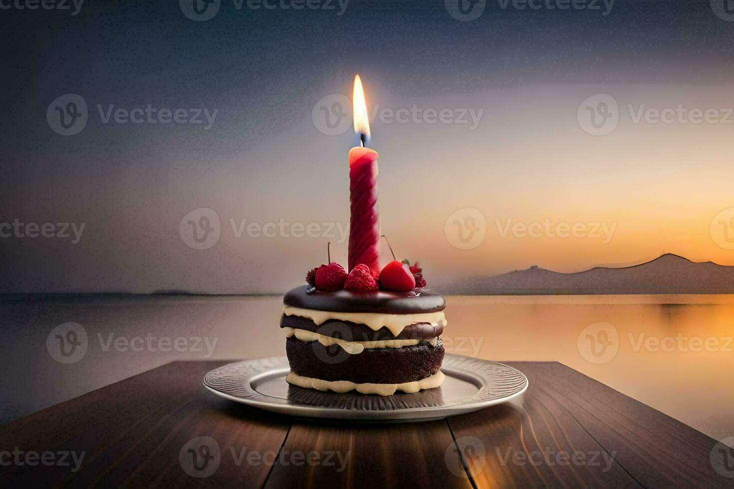 un' cioccolato torta con un' singolo candela su superiore. ai-generato foto