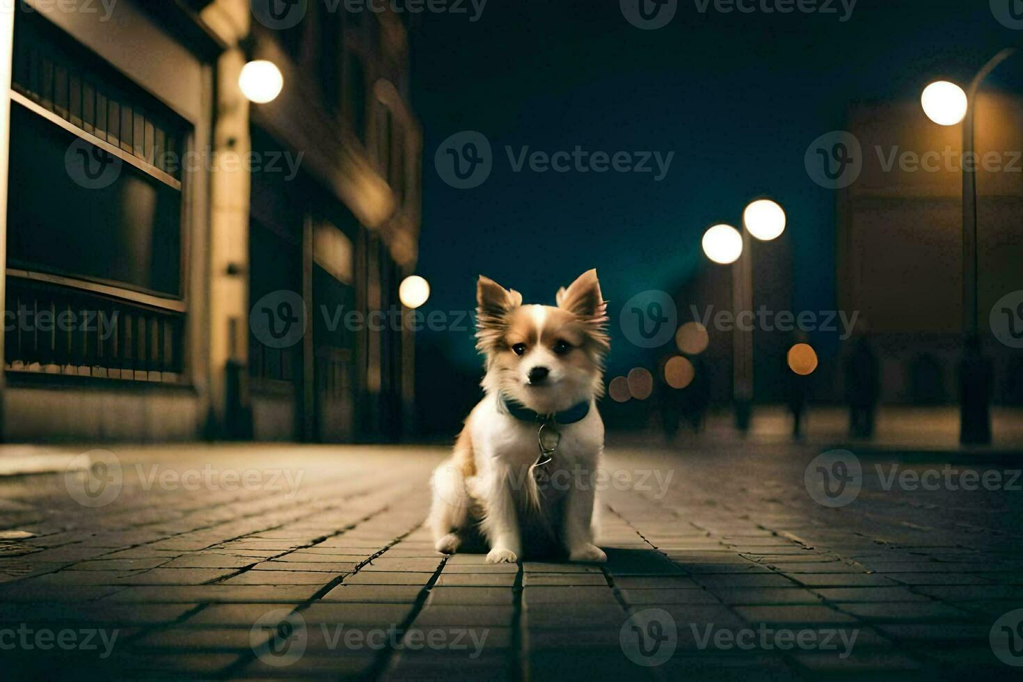 un' cane seduta su il strada a notte. ai-generato foto