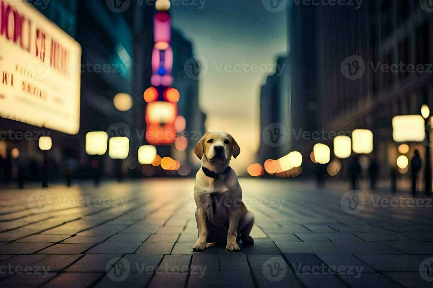 un' cane seduta su il strada nel davanti di un' città. ai-generato foto