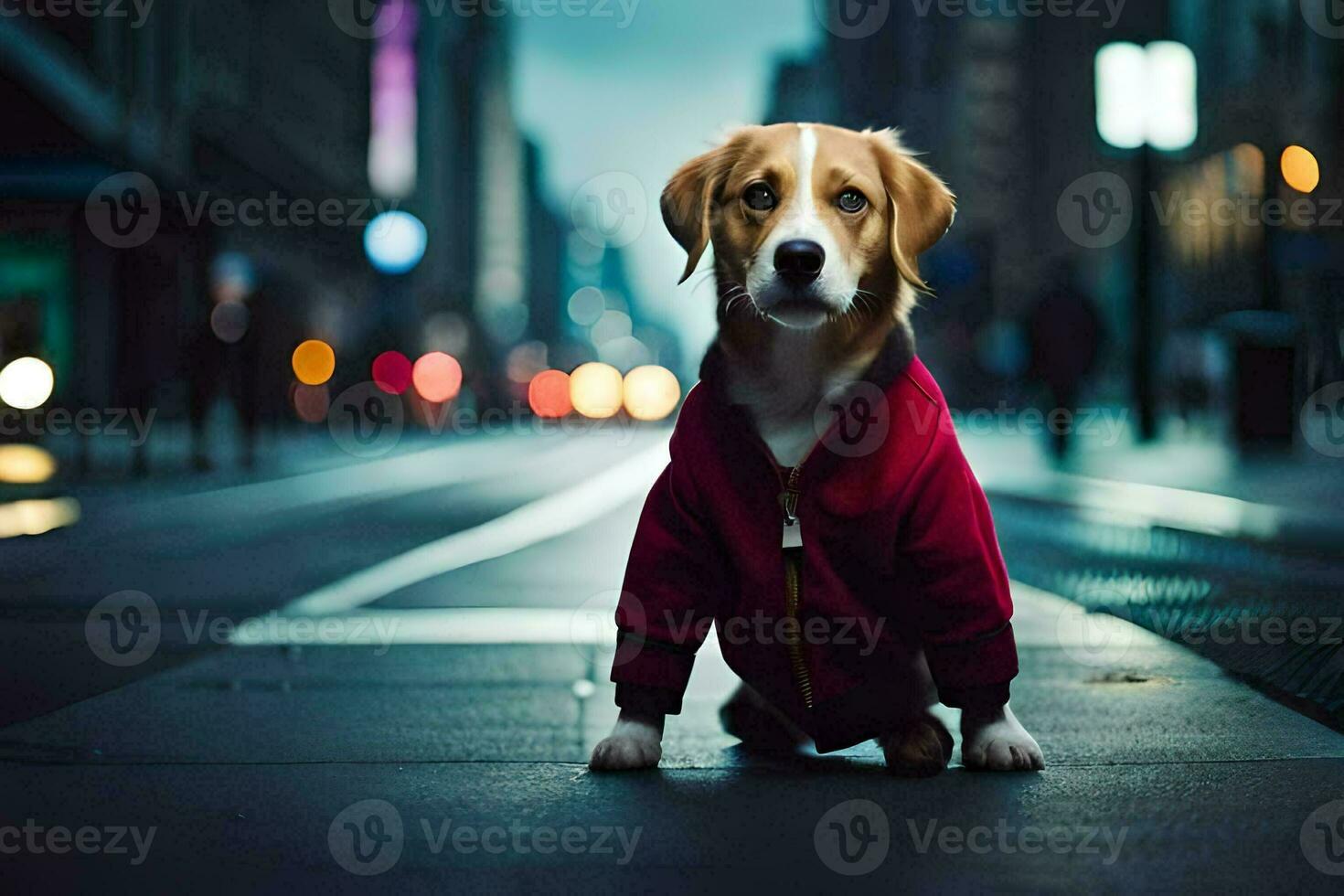 un' cane indossare un' rosso giacca seduta su il strada. ai-generato foto