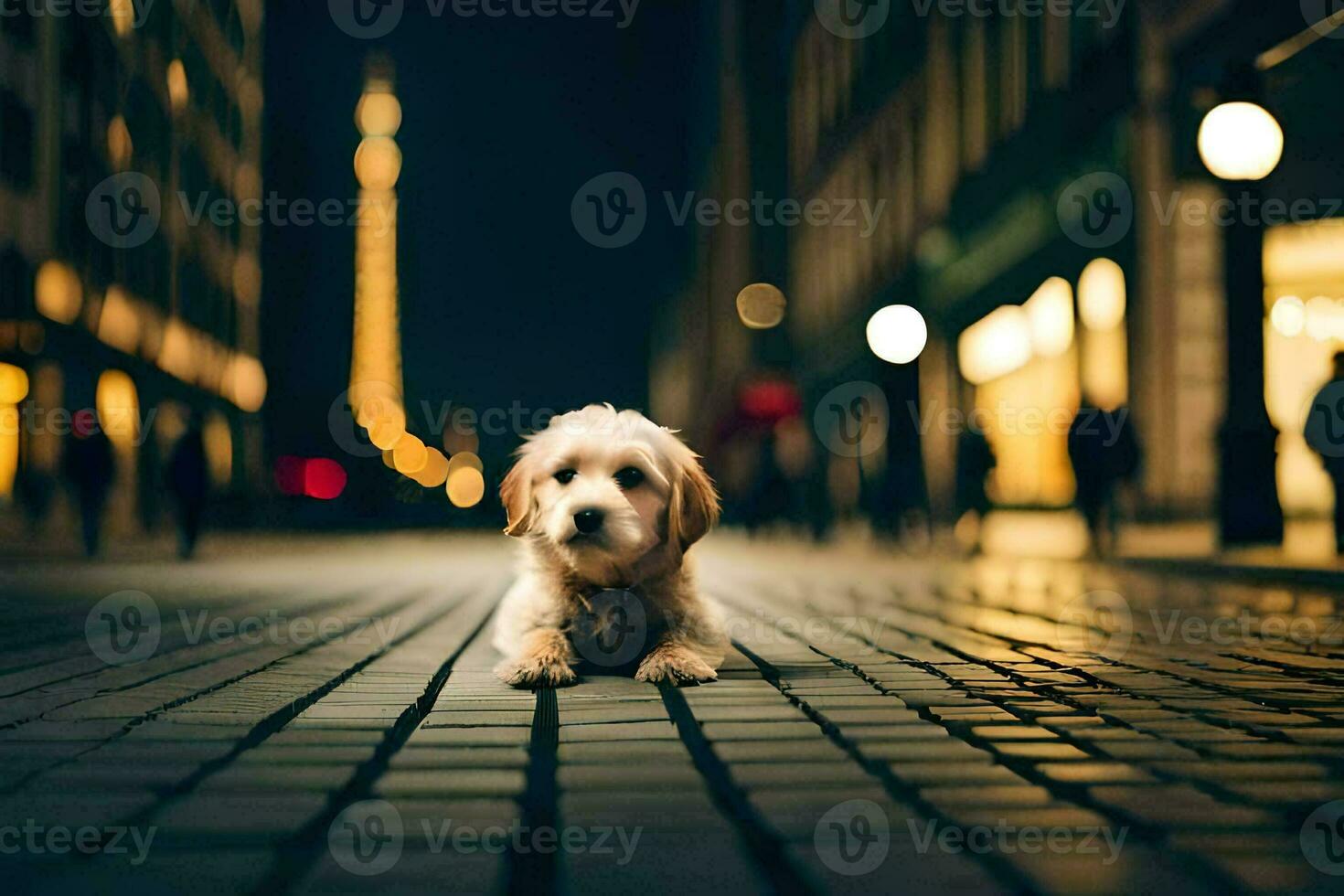 un' cane seduta su il terra nel un' città a notte. ai-generato foto