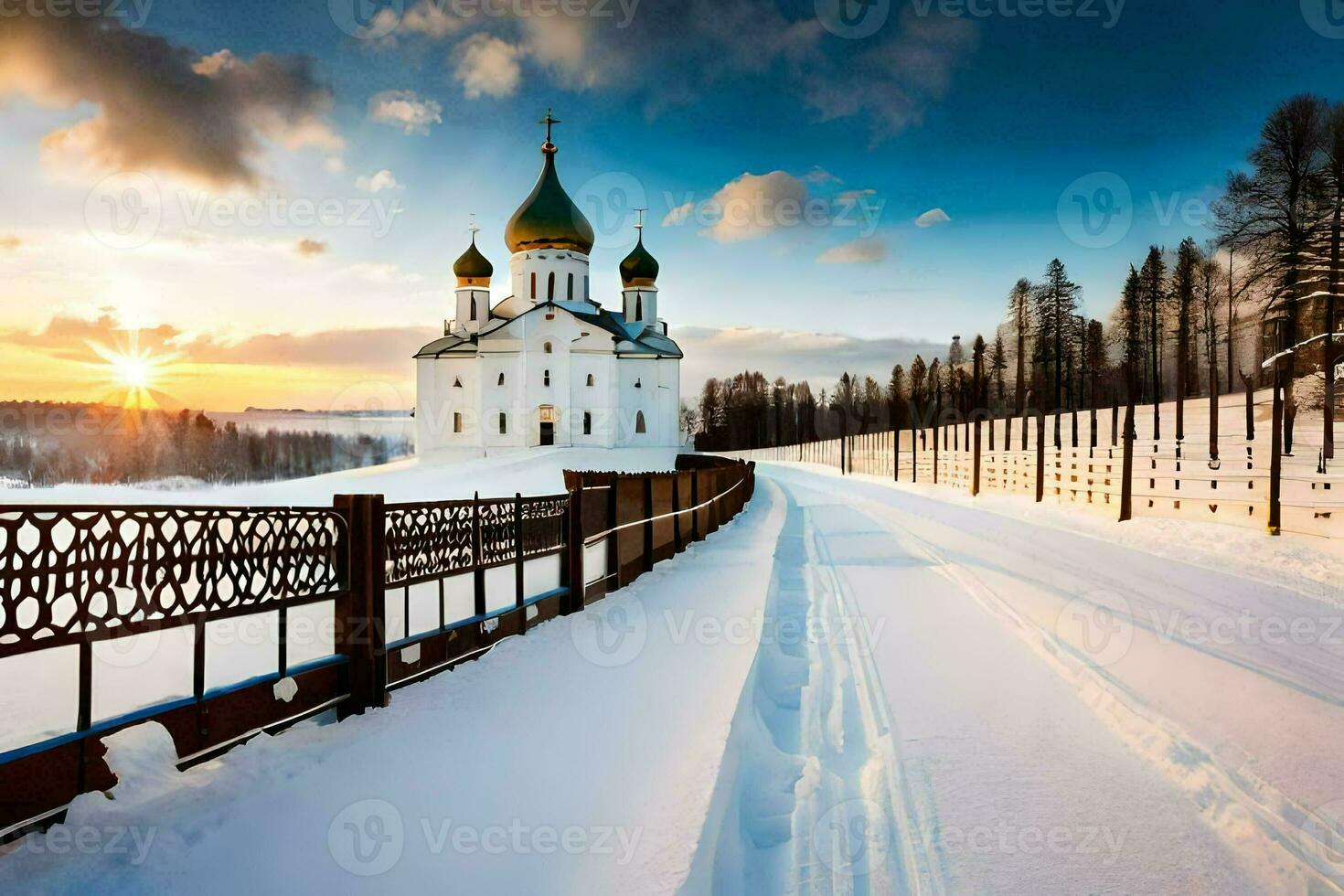 un' Chiesa nel il neve con un' recinto e un' strada. ai-generato foto