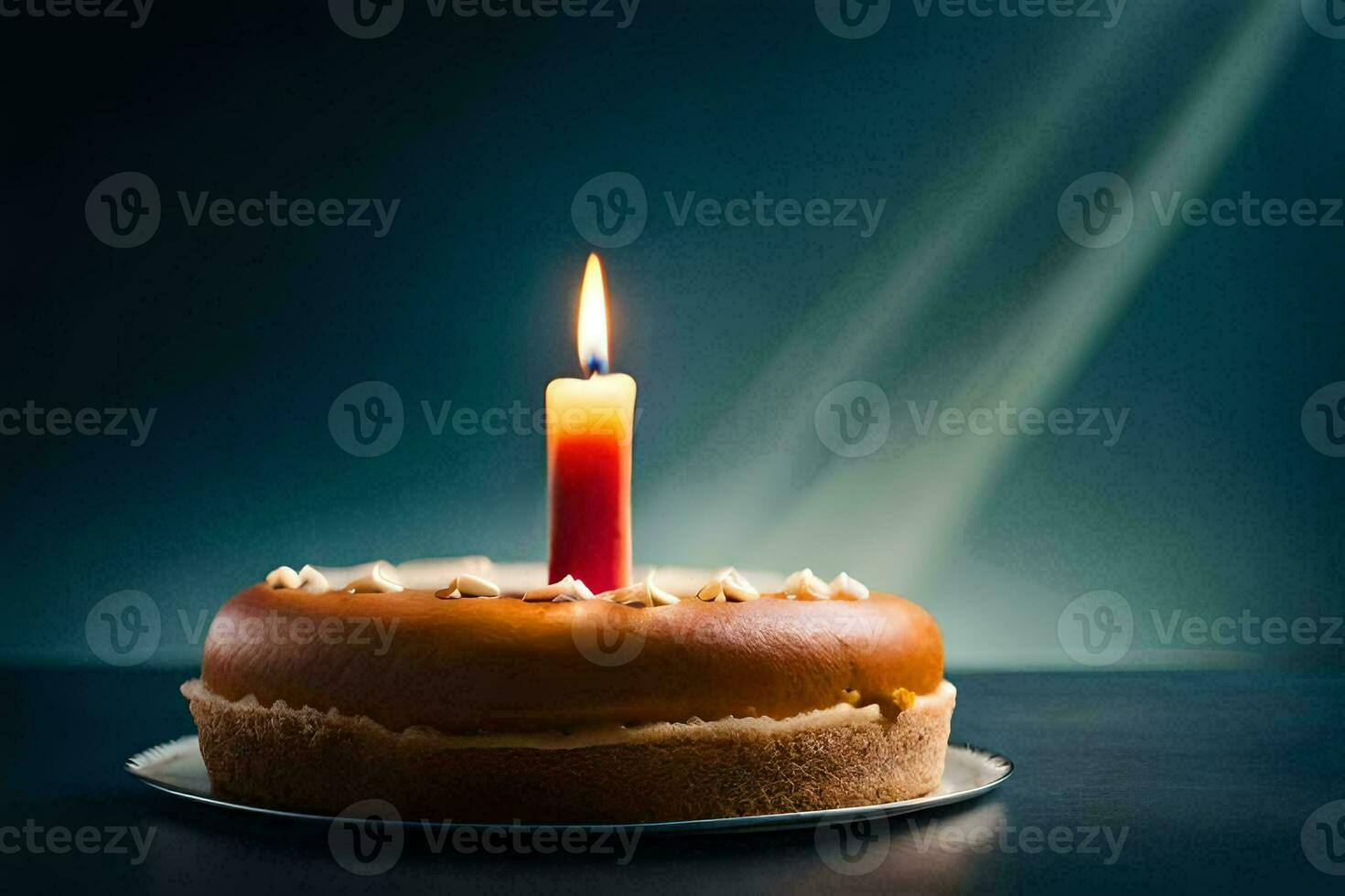 un' singolo candela è illuminato su un' torta. ai-generato foto