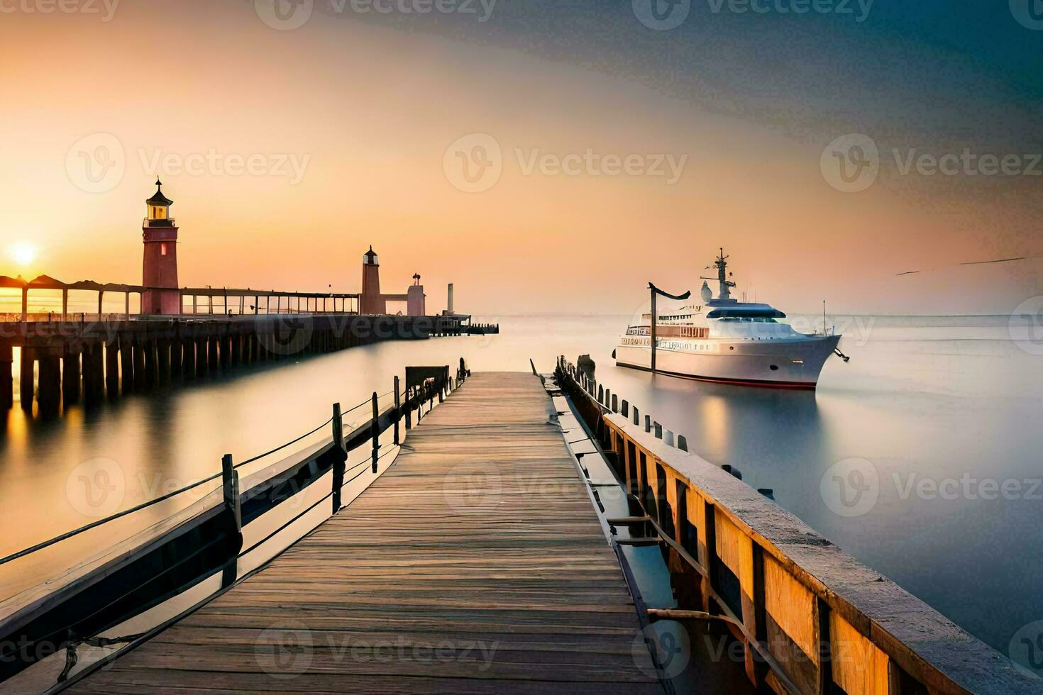 un' barca attraccato a il molo a tramonto. ai-generato foto