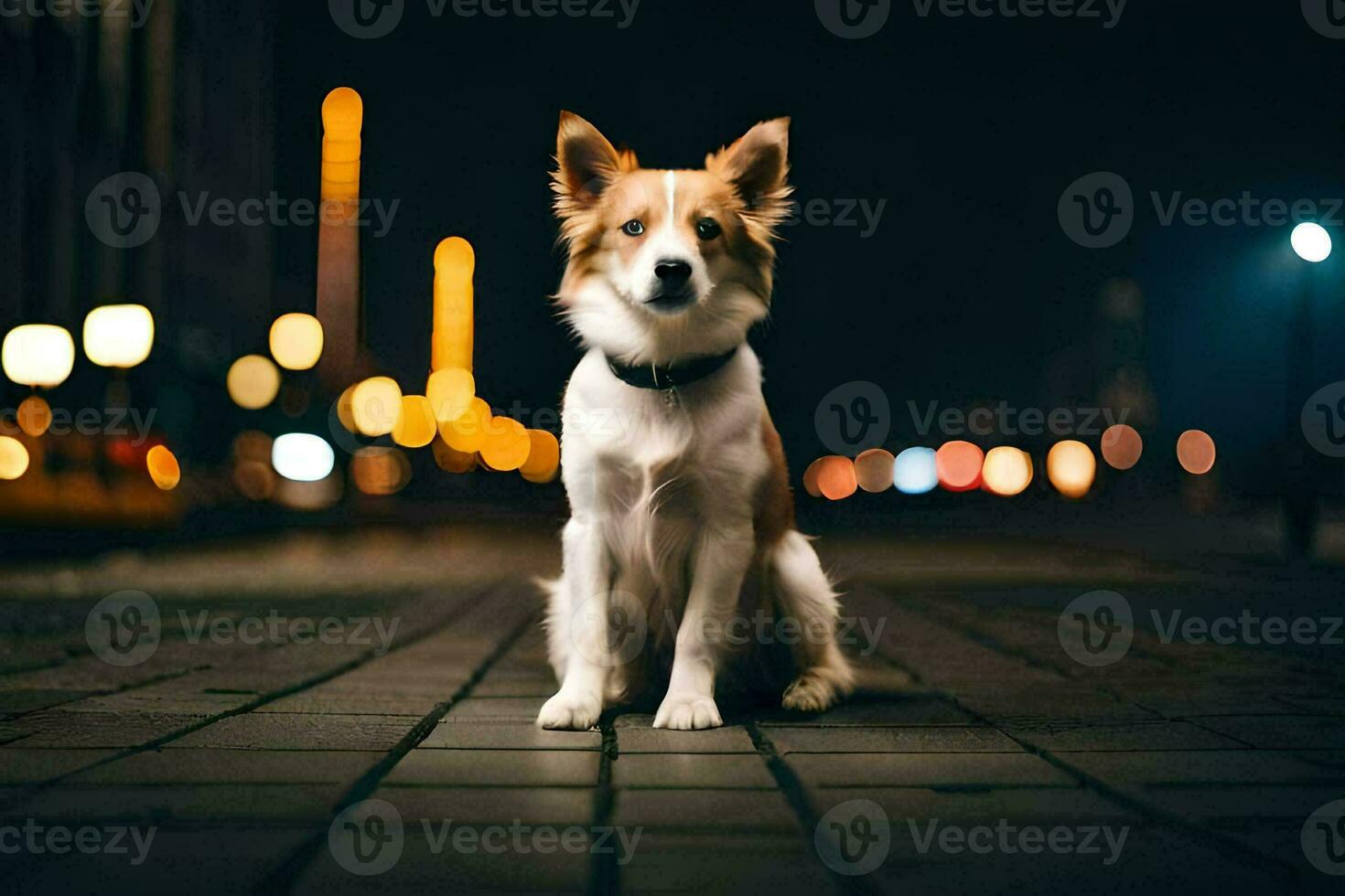 un' cane seduta su il strada a notte. ai-generato foto