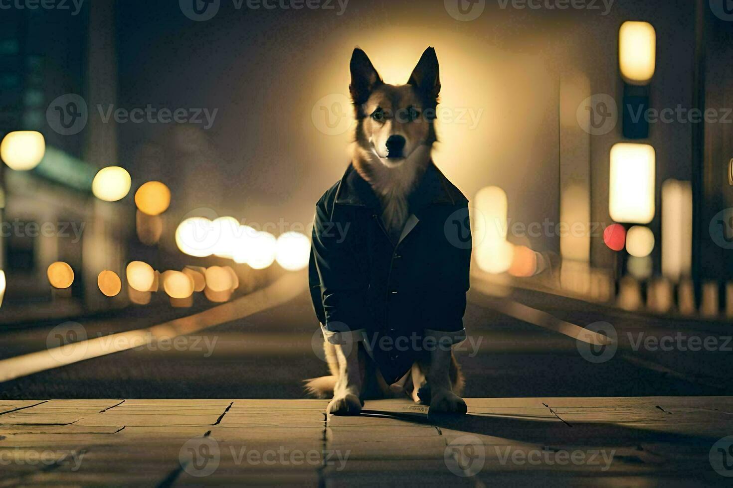 un' cane seduta su il terra a notte. ai-generato foto