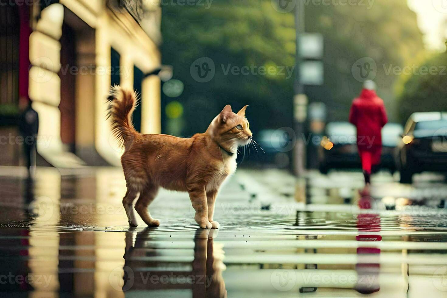 un' gatto è a piedi su un' bagnato strada nel il pioggia. ai-generato foto