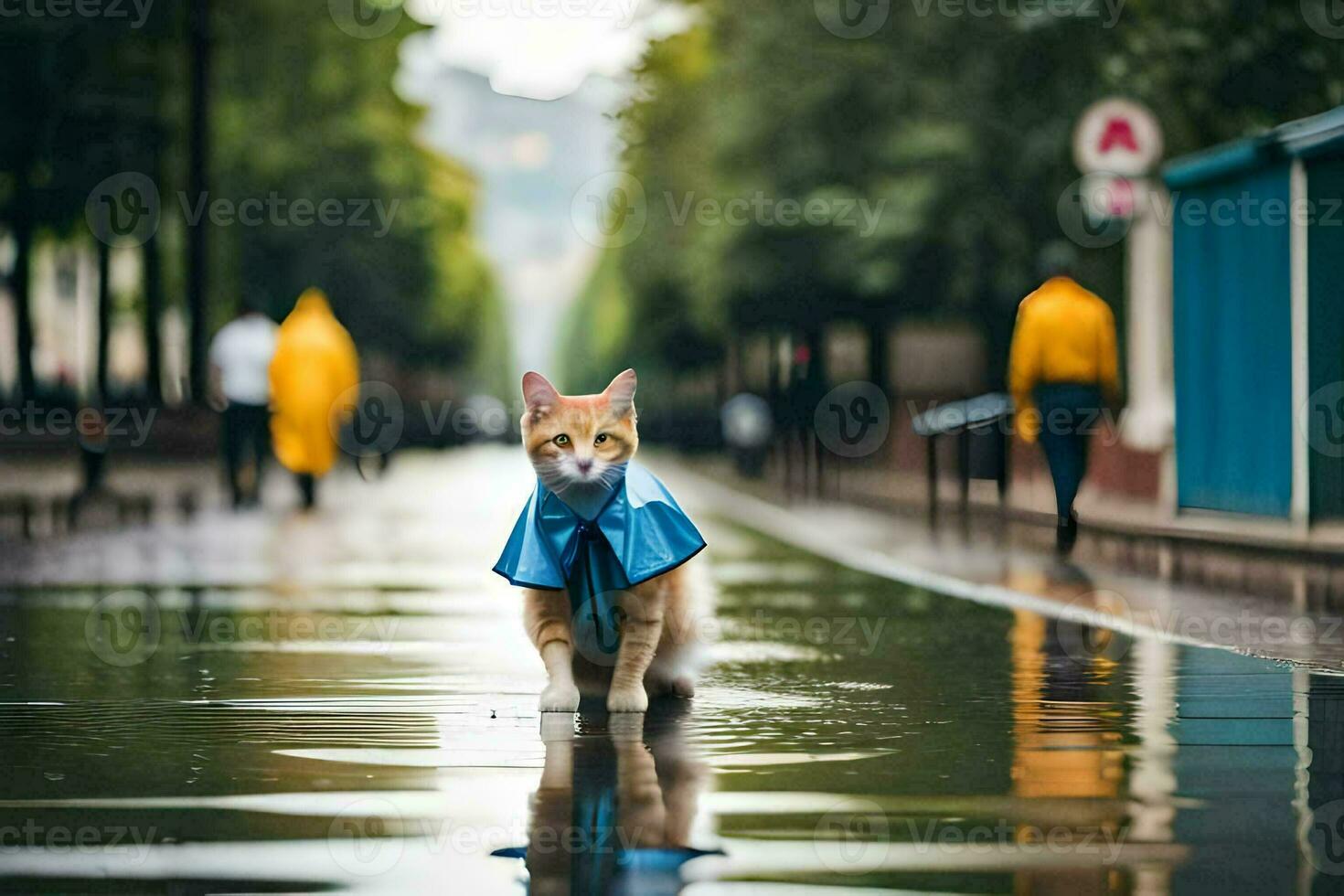 un' gatto nel un' impermeabile a piedi su un' bagnato strada. ai-generato foto