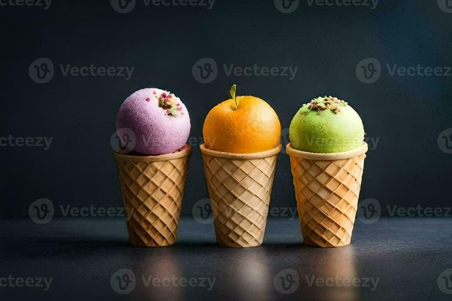 tre ghiaccio crema coni con diverso colorato frutta. ai-generato foto