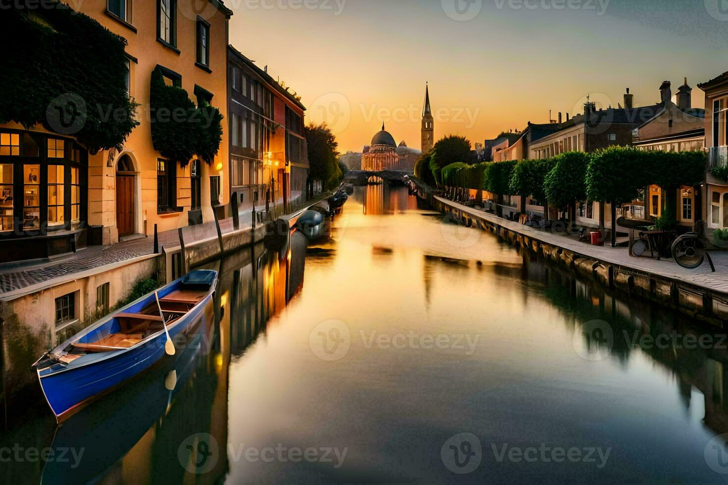 un' barca è attraccato nel un' canale a tramonto. ai-generato foto