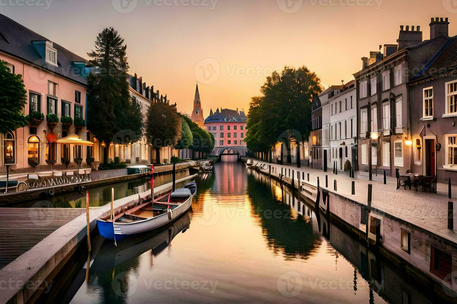 un' canale nel il mezzo di un' città a tramonto. ai-generato foto