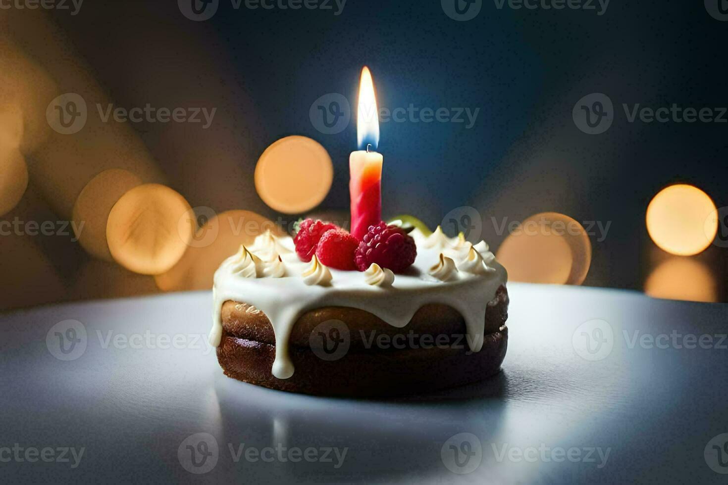 un' piccolo compleanno torta con un' singolo candela. ai-generato foto