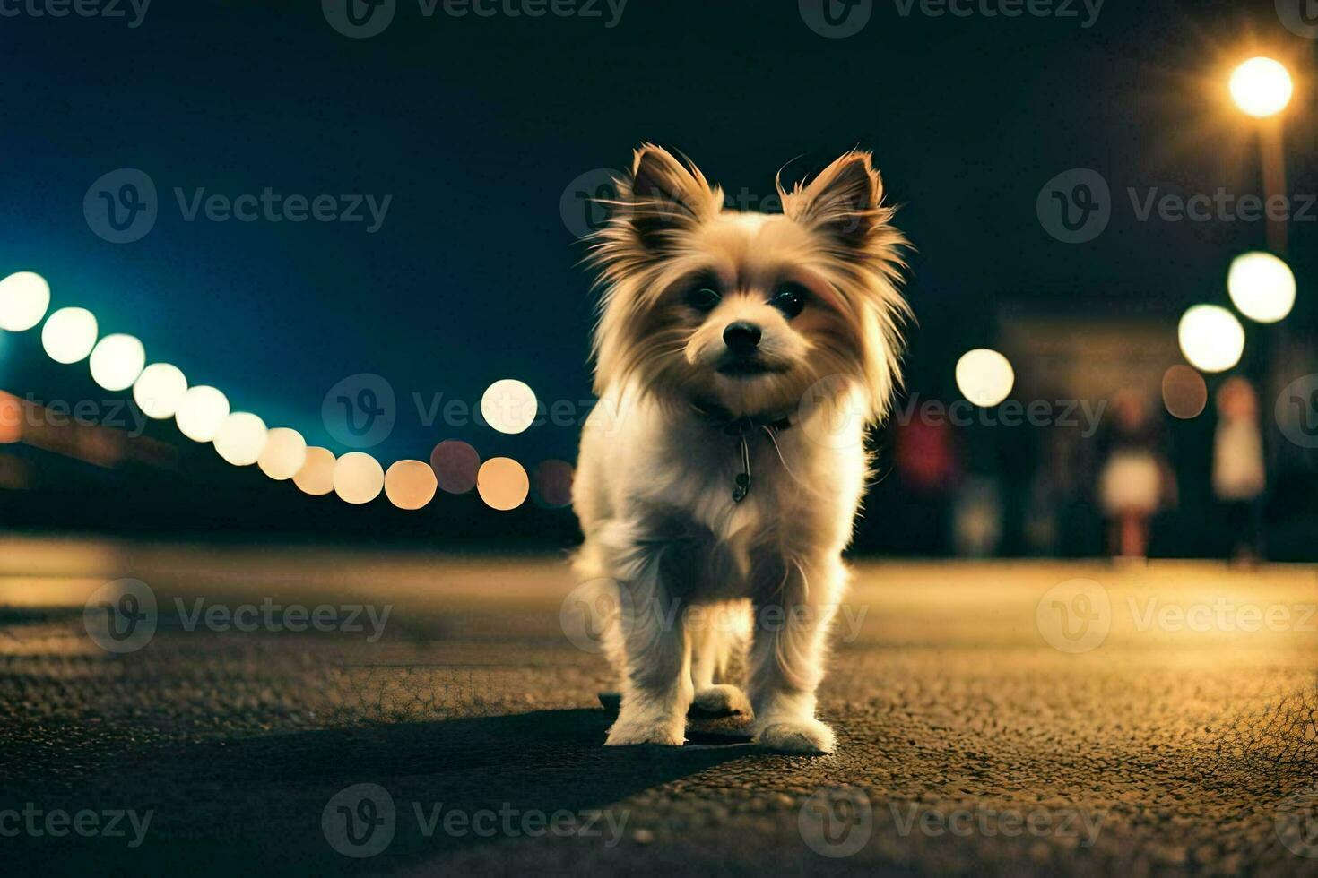 un' piccolo cane in piedi su il strada a notte. ai-generato foto