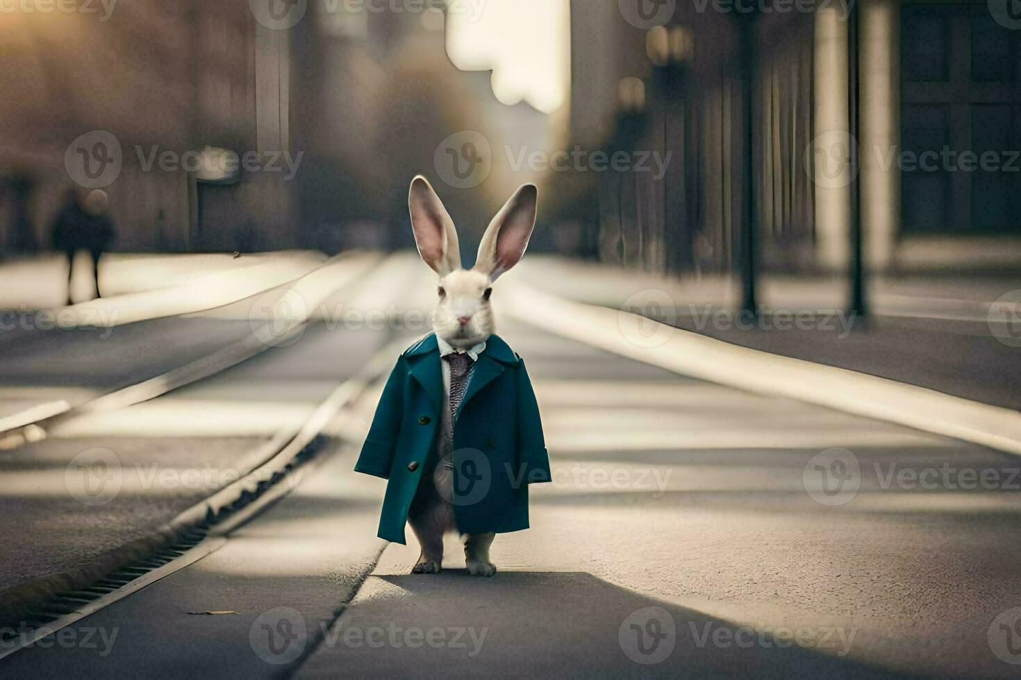 un' coniglio indossare un' cappotto e cravatta in piedi su un' strada. ai-generato foto