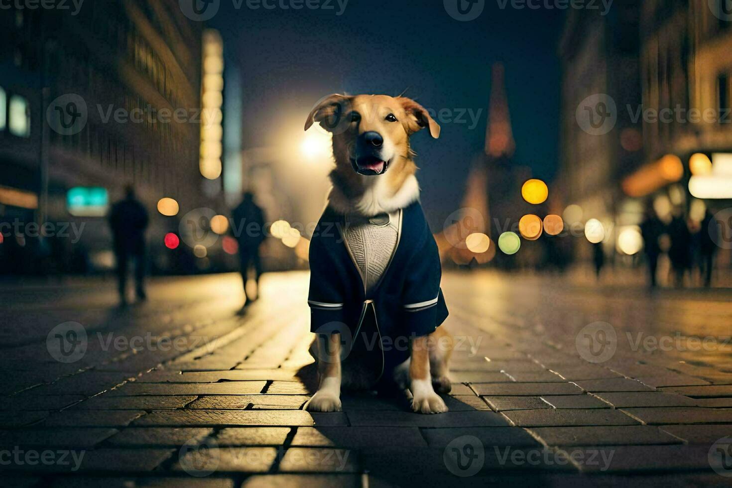 un' cane nel un' completo da uomo seduta su il strada a notte. ai-generato foto